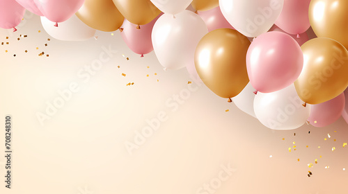 Holiday celebration background with balloons, golden sparkling confetti and ribbons