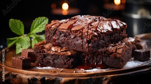 chocolate brownies filled with melted sweet chocolate on black background and blur photo