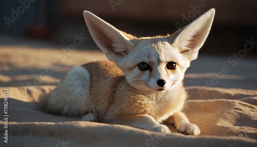 beautiful pet fennec fox in the house looking at the camera.