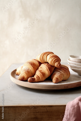 Minimal Rustic Delectable French Pastry Croissants On Wooden Table With Bowls. Morning Breakfast, Table Backdrop. Neutral Color, Beige, Tan, Cream, White. Minimalist Simple Style Food Photography. 