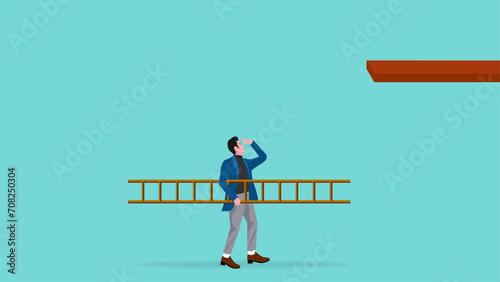 problem solving, get solution or strategy on business, way out of financial problem, new opportunities in business to achieve career, businessman carrying a ladder preparing to climb the step board
