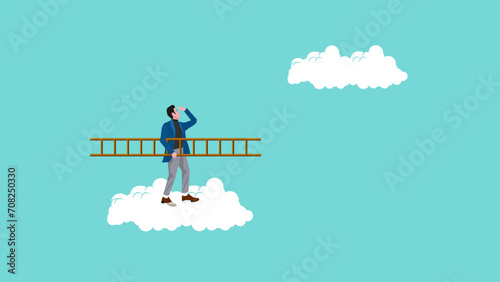 job promotion, strategy or solution for career progress, business progress step towards business targets, businessman climbs the clouds using a ladder concept vector illustration with flat style
