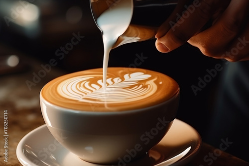 Close-up of the Hands of a barista pouring warm milk into a cappuccino or latte making a pattern of milk into coffee, natural light 