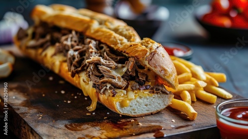 Cheesy beef sandwich with fries on a wooden board