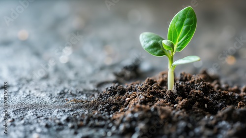 Sprouting seedling in soil with a blurred background