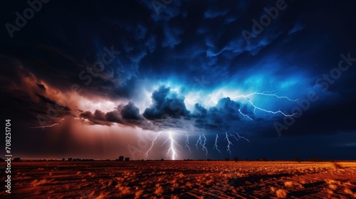 From a distant vantage point, marvel at the intense energy and beauty of a lightning storm looming over a vast area.