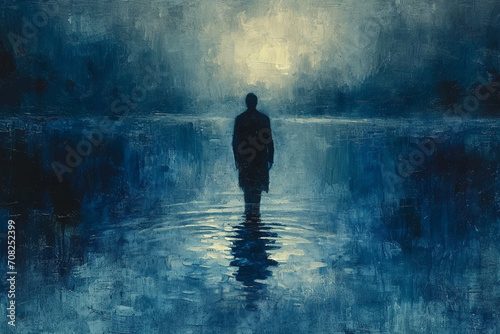 A serene man wading in tranquil indigo waters, the rich hue echoing the deep calmness of the open sky, creating a peaceful and harmonious atmosphere.