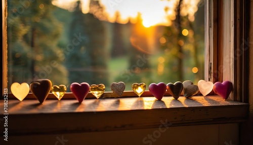 夕日が差し込む窓辺に、小さなハートのオブジェが並んだバレンタインをイメージしたAI画像