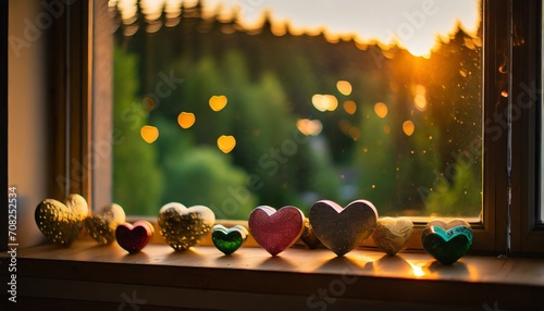 夕日が差し込む窓辺に、小さなハートのオブジェが並んだバレンタインをイメージしたAI画像 photo