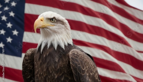 A white-headed eagle soars against the background of the American flag. The symbol of the USA, the concept of America's Independence Day.
