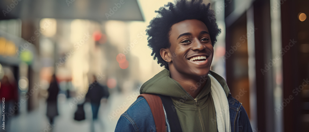 Fototapeta premium A joyous African American man strolling through the city streets, his face beaming with a broad and infectious smile.