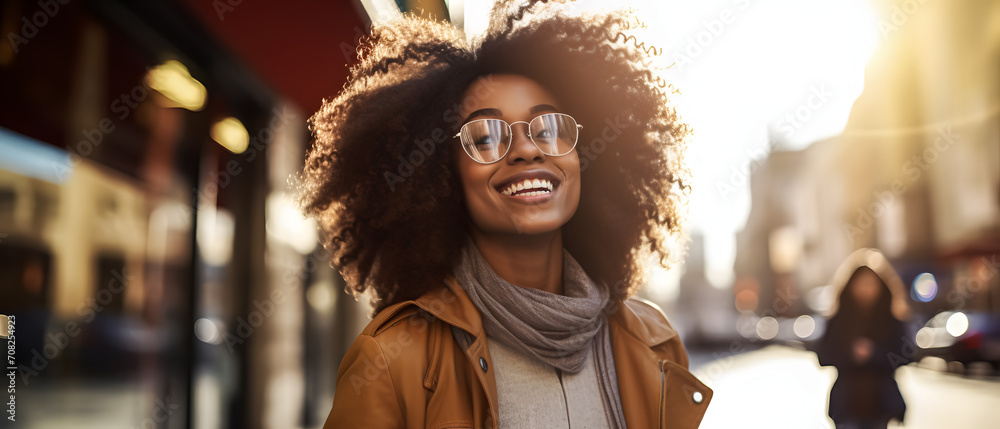 Walking through the city, an African American woman radiant smile adds warmth and positivity to the urban scene.