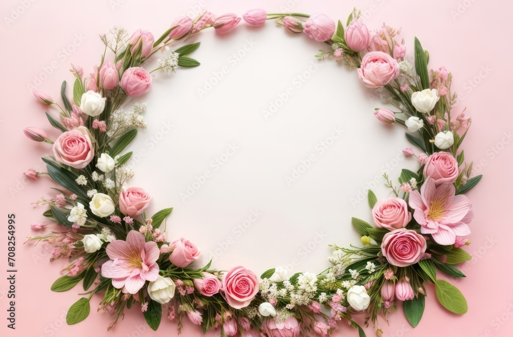 Round frame of flowers. Delicate composition of flowers
