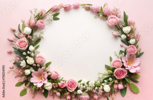 Round frame of flowers. Delicate composition of flowers