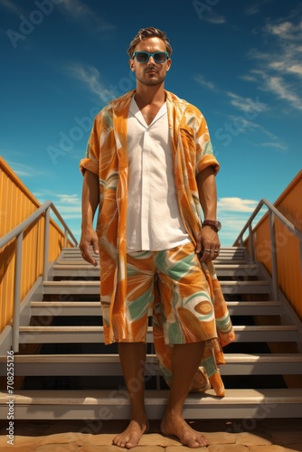 Photo Realistic of a Man in Beach Attire with Flip-Flops and a Beach Towel,  Generative AI (ID: 708255126)