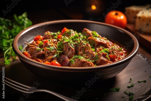 Picture a hearty bowl b with a robust lamb stew, featuring tender meat that effortlessly falls off the bone, enveloped in a deeply flavorful tomatobased sauce, artistically dotted with pops