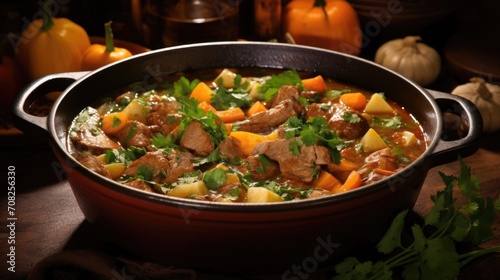 This vibrant image depicts a vibrant and aromatic lamb stew, with chunks of tender lamb taking center stage amidst a tapestry of tender vegetables, all simmered to perfection in a deeply
