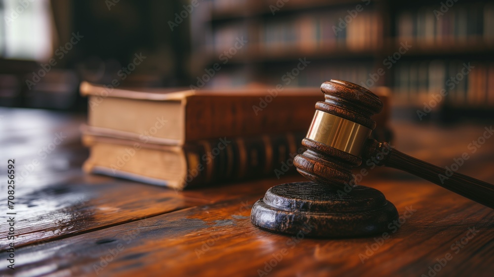 Gavel on wooden table in a law library Gavel on wooden table in a law library