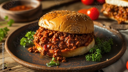 Sloppy joe on a sesame bun with side sauce