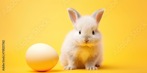 Bunny looking at camera beside speckled egg on yellow background.