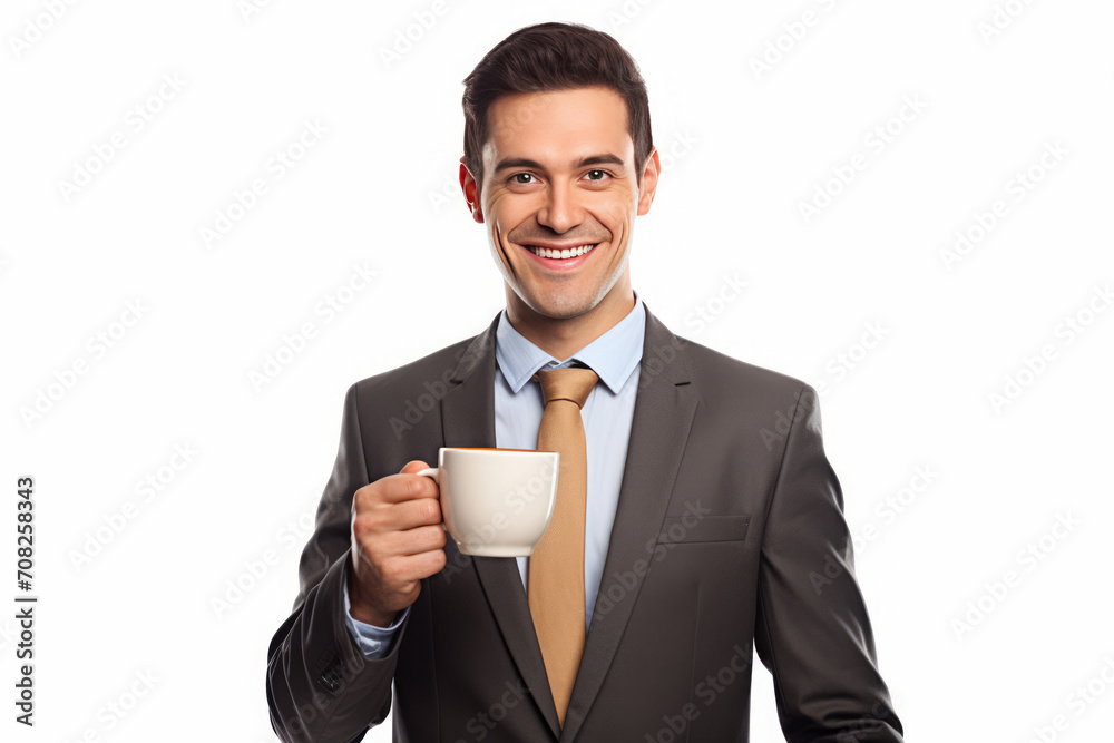 A businessman holding a coffee cup, isolated on a white background A businessman holding a coffee cup, isolated on a white background