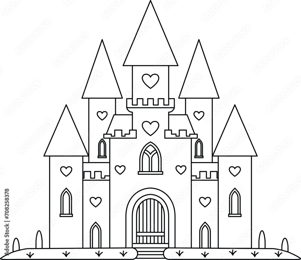 Castle with hearts illustration coloring page. Valentine colouring page