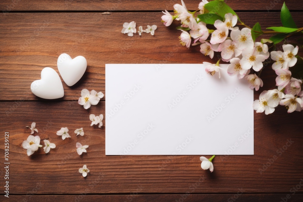 White card with tulips and hearts on wooden table. White card with tulips and hearts on wooden table.