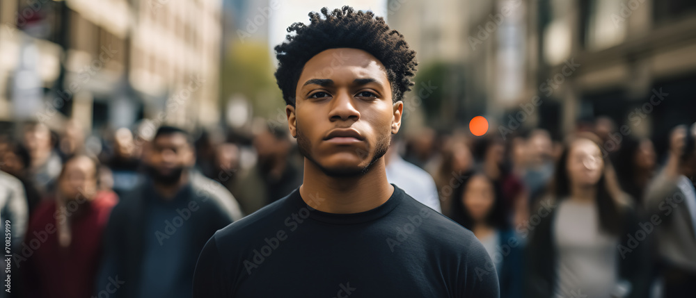 african american man with a deep look marching and protesting in the city - obrazy, fototapety, plakaty 