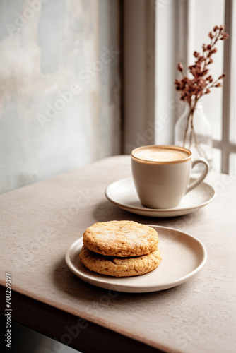 Cafe Latte with Cookies On White Plate  Wood Table with Flowers In Vase Next to Window Corner Composition. Natural Light and Shadow  Minimalist Photo. Minimal Interior. Food photography. Rustic Style.