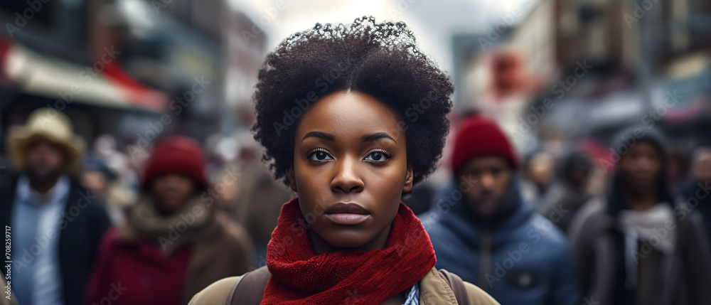 With a resolute look, an African American woman takes part in a city march, contributing her presence to the protest. With a resolute look, an African American woman takes part in a city march, contributing her presence to the protest.