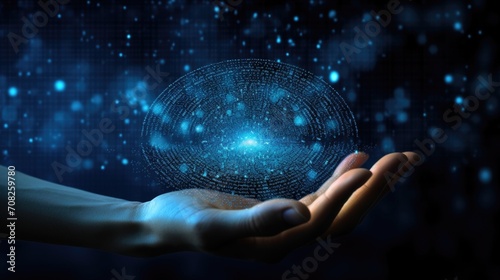 A hand made of shimmering blue particles interacts with a pie chart, representing the complexities and datadriven nature of modern business technology. photo