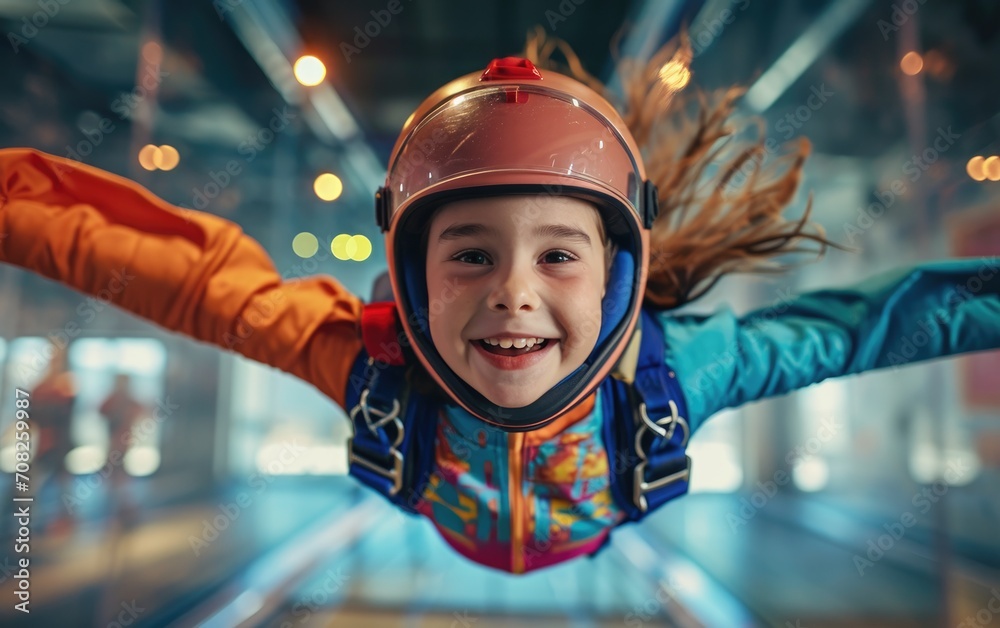 Smiling child girl in a skydiving center in free falling