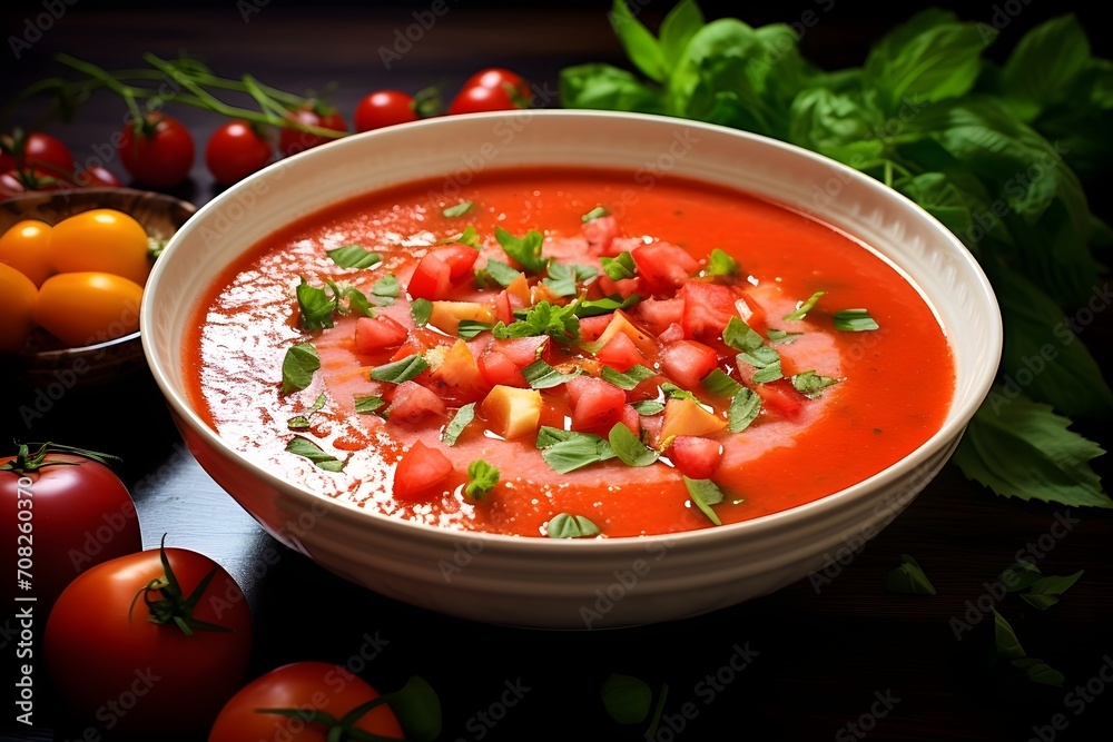 Spanish gazpacho, a refreshing cold soup made with ripe tomatoes and fresh vegetables, Spanish gazpacho, a refreshing cold soup made with ripe tomatoes and fresh vegetables,