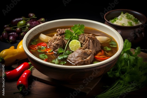 Sop Buntut, an Indonesian oxtail soup with rich and flavorful broth, tender meat, and vegetables photo