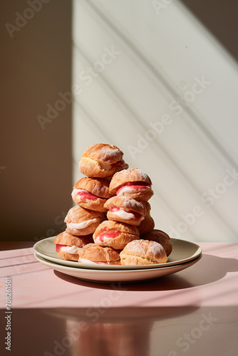 Strawberry Cream Puffs On White Plate, Pink Table Next to Window Corner Composition. Natural Light and Long Shadow, Minimalist Photo. Minimal Interior. Food photography. Rustic Style.