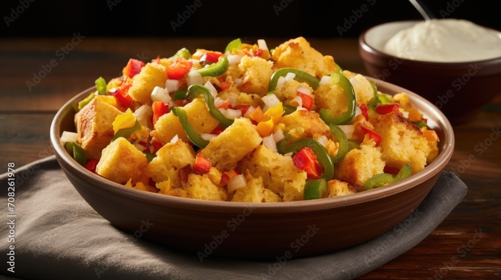 Embrace a burst of freshness with this zesty cornbread stuffing, featuring a medley of colorful bell peppers, jalape os, and a pinch of cumin, ensuring a vibrant and y accompaniment to your Embrace a burst of freshness with this zesty cornbread stuffing, featuring a medley of colorful bell peppers, jalape os, and a pinch of cumin, ensuring a vibrant and y accompaniment to your