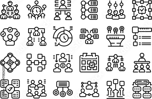 Delegate tasks icons set outline vector. Team data work. Staff person office