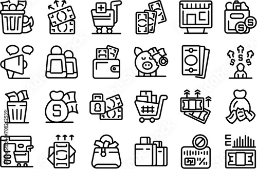 Spendthrift icons set outline vector. Money bill damage. Dollar loss