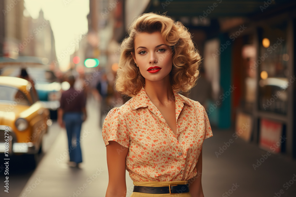 Beautiful woman with make-up and wearing a dress looking at the camera on the street. Retro, 1950s. 