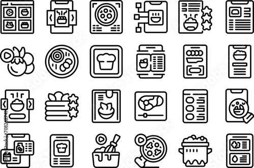 Recipe app icons set outline vector. Technology kitchen. Laptop education