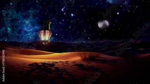 4K Looping Background with Traditional Lanterns and Eid Al Adha Mubarak Islamic Ramadan on Blue Animation with Particle Lighting. Islamic New Year, or Eid photo