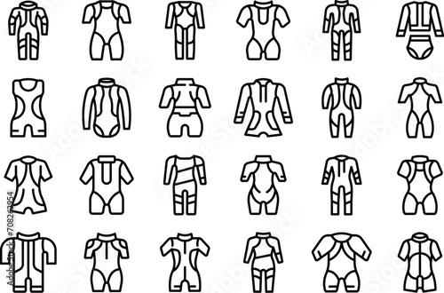 Wetsuit icons set outline vector. Swimwear water beach. Summer travel fashion