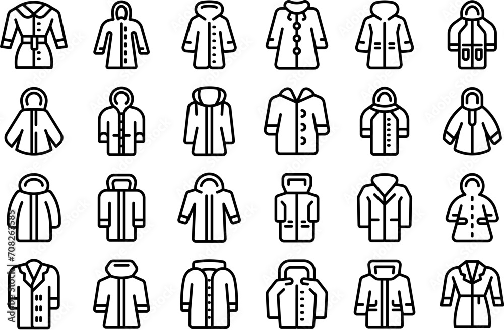 Raincoat icons set outline vector. Rain summer jacket. Coat cloth Raincoat icons set outline vector. Rain summer jacket. Coat cloth