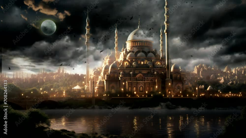 Mosque architectural architecture at dusk under the moon Mosque architectural architecture at dusk under the moon