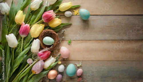  Easter-themed flat lay on a wooden table, featuring a mix of vibrant tulips, Easter eggs, and whimsical decorations. the spirit of the season, easter decoration with tulips and eggs