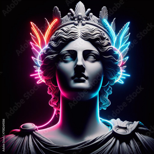 Athena marble statue, the ancient goddess of science and knowledge, Athens Greece. Athena the ancient Greek goddess. Statue of greek goddess.	Neon colours..
