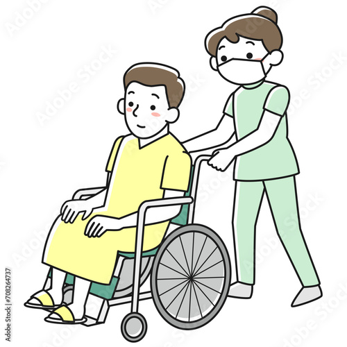 男性患者の乗った車いすを押す女性看護師