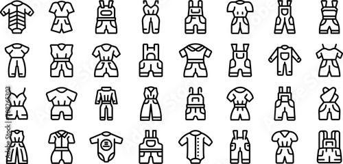 Jumpsuit icons set outline vector. Cloth people fashion. Work pants
