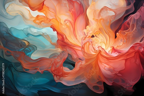 Radiant coral and teal liquids merging into a dreamy and enchanting abstract canvas