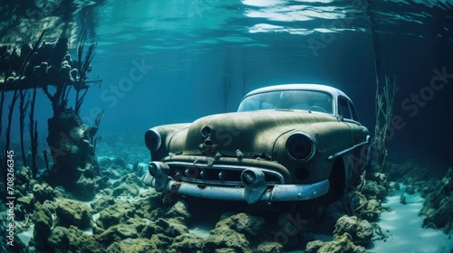 Amidst the deep blue, abandoned vehicles litter the ocean floor, creating a surreal and unexpected underwater museum.